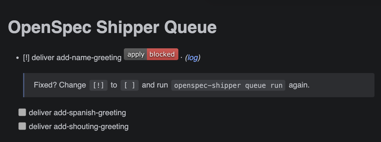 A blocked task in the queue, with the fix hint below it